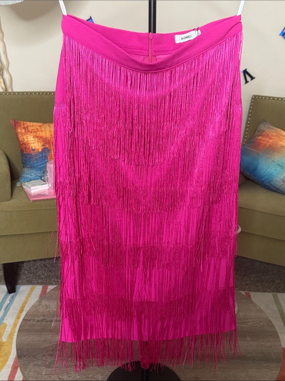 Aomei Hot Pink Fringe Midi Skirt with Layered Tassels